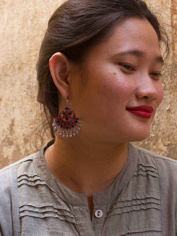 Floral Design Red Dangler Afghani Earring