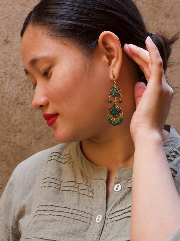 Floral Design Green Dangler Afghani Earring