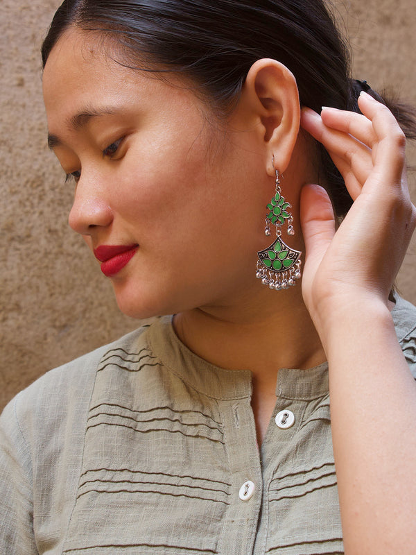 Floral Design Green Dangler Afghani Earring