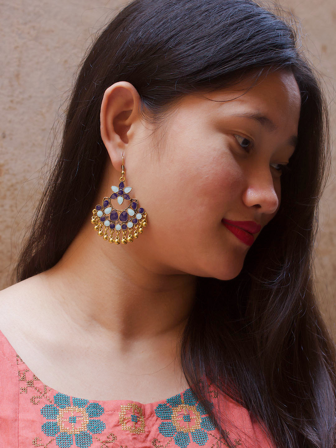 Gold Plating Blue Color Floral Design Afghani Earring