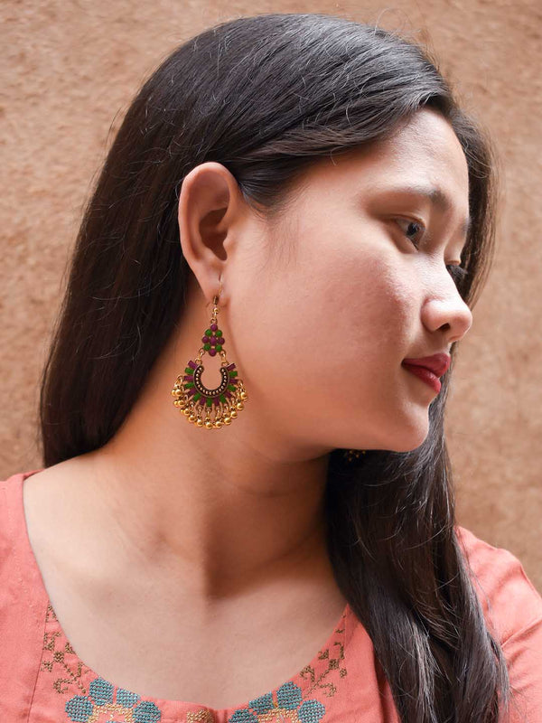 Gold Plating Pink And Green Color Floral Design Afghani Earring