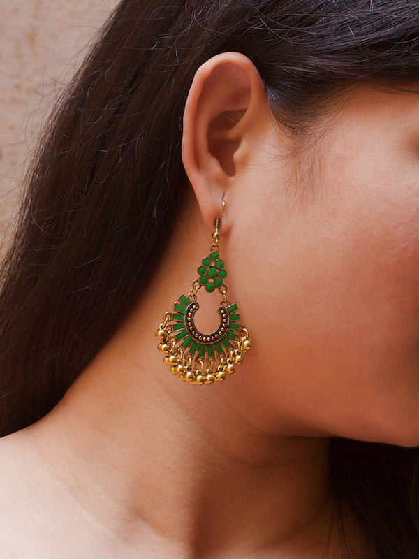 Gold Plating Green And Gold Color Floral Design Afghani Earring