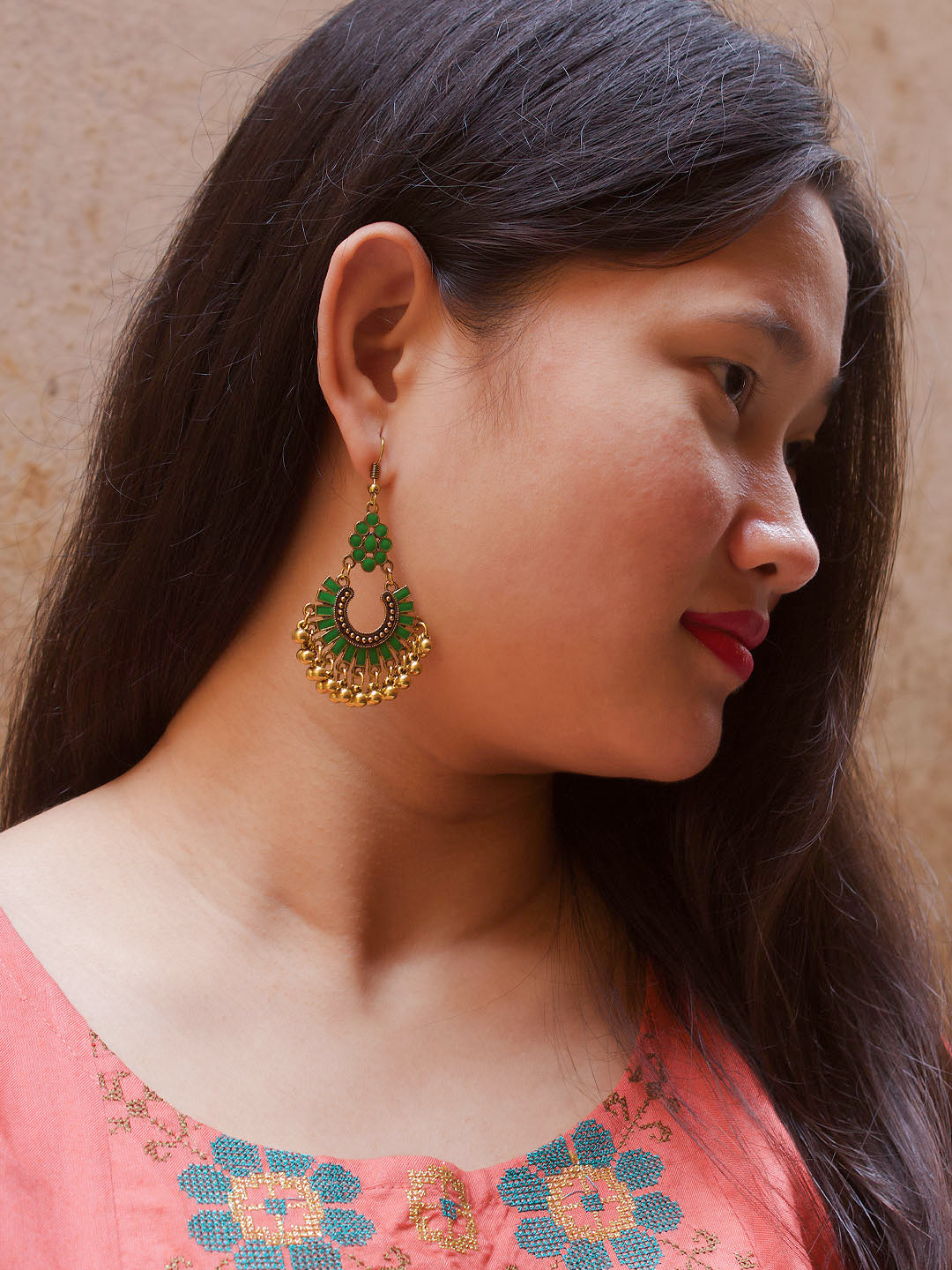 Gold Plating Green And Gold Color Floral Design Afghani Earring