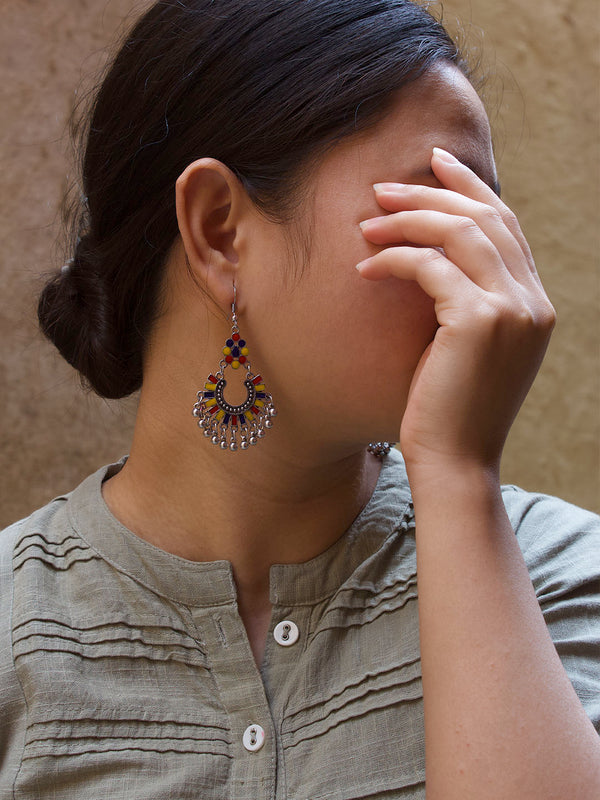 Floral Design Red and Yellow and Blue Dangler Afghani Earring