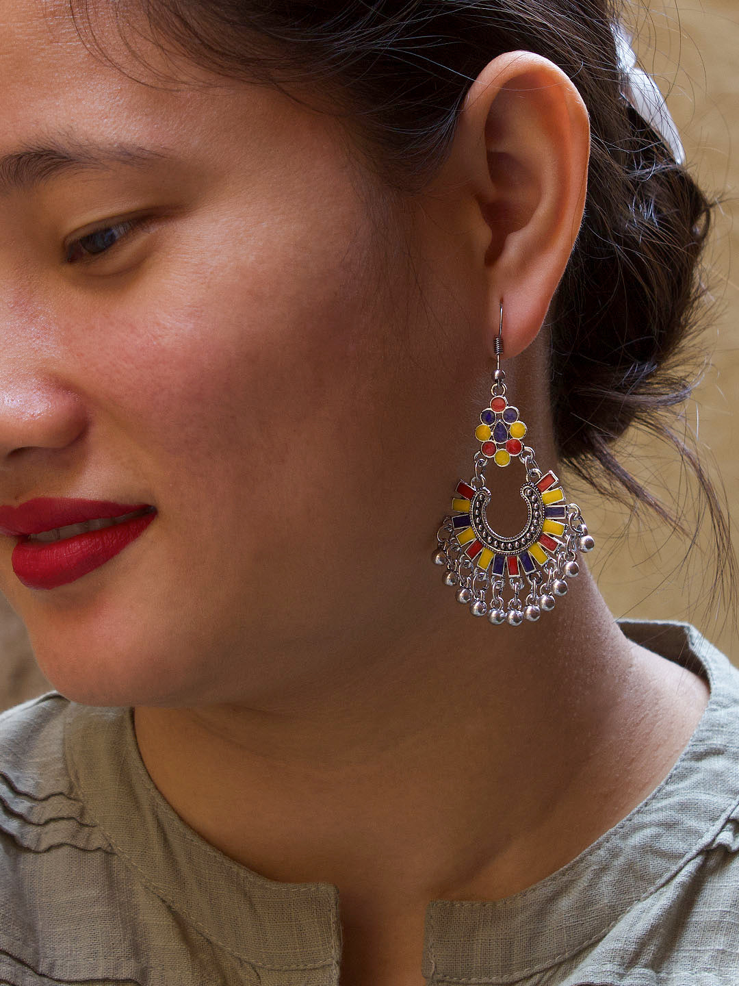 Floral Design Red and Yellow and Blue Dangler Afghani Earring