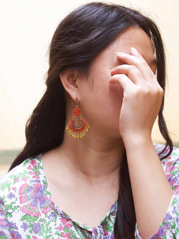 Gold Plating Red And Gold Color Floral Design Afghani Earring