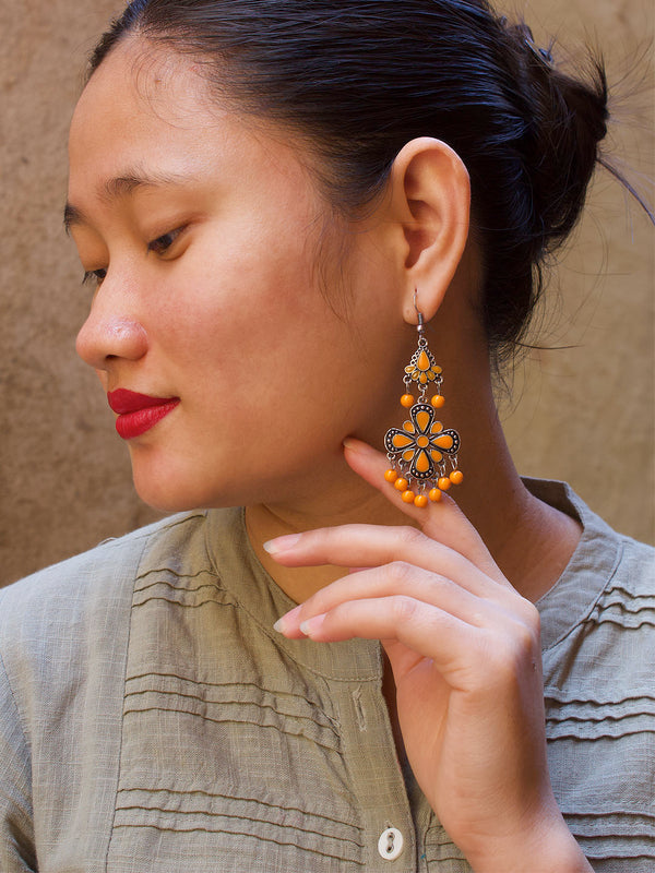 Floral Design Orange Dangler Afghani Earring