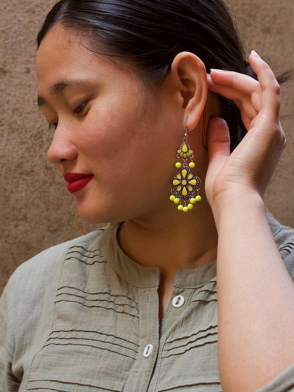 Floral Design Yellow Dangler Afghani Earring