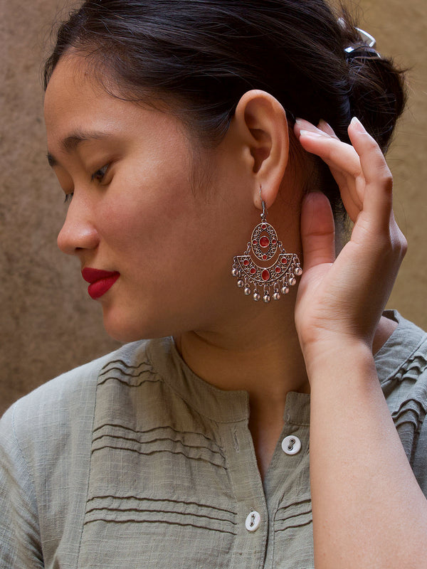 Geometric Design Red Dangler Afghani Earring