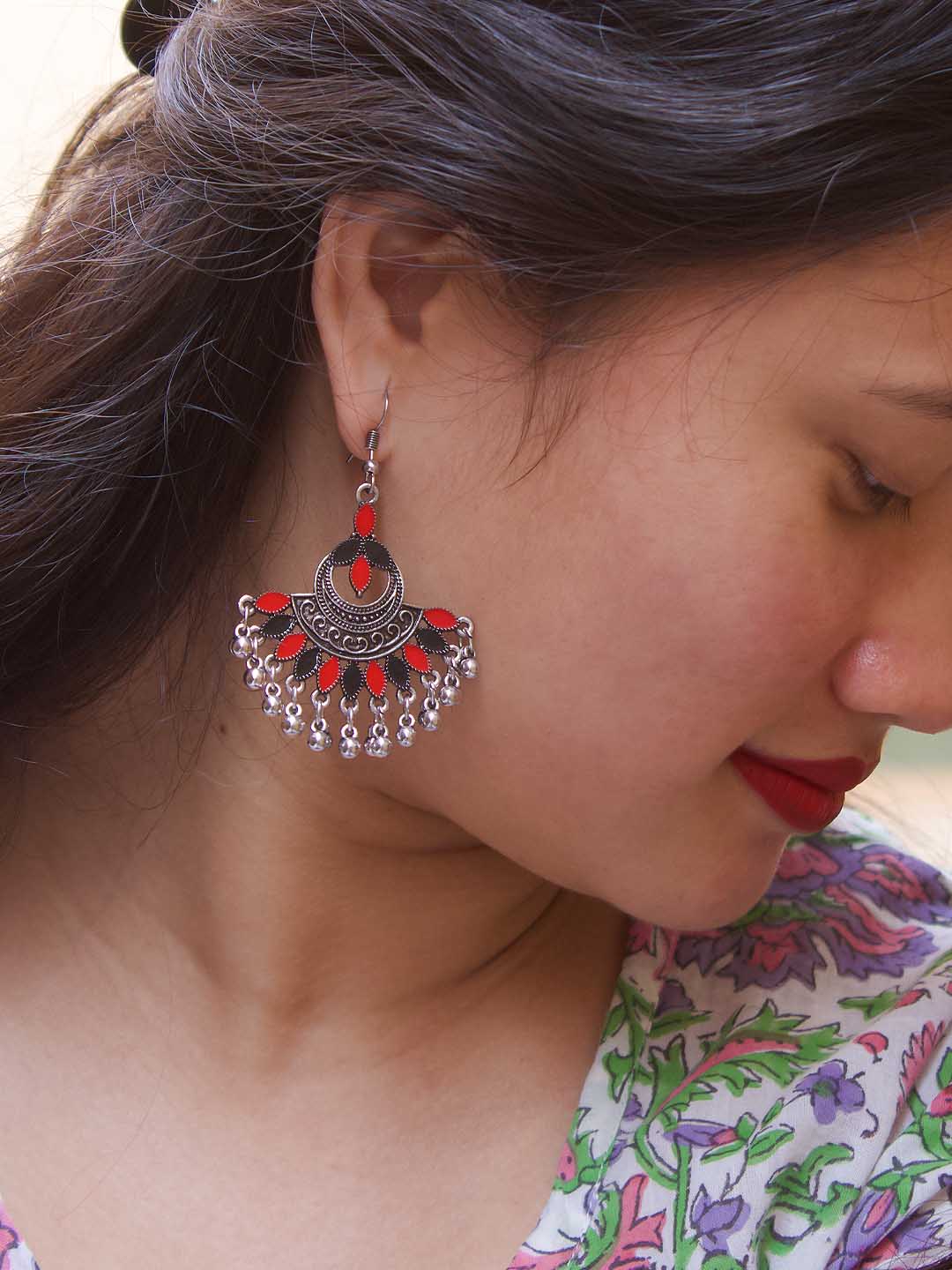 Floral Design Red and Blue Dangler Afghani Earring