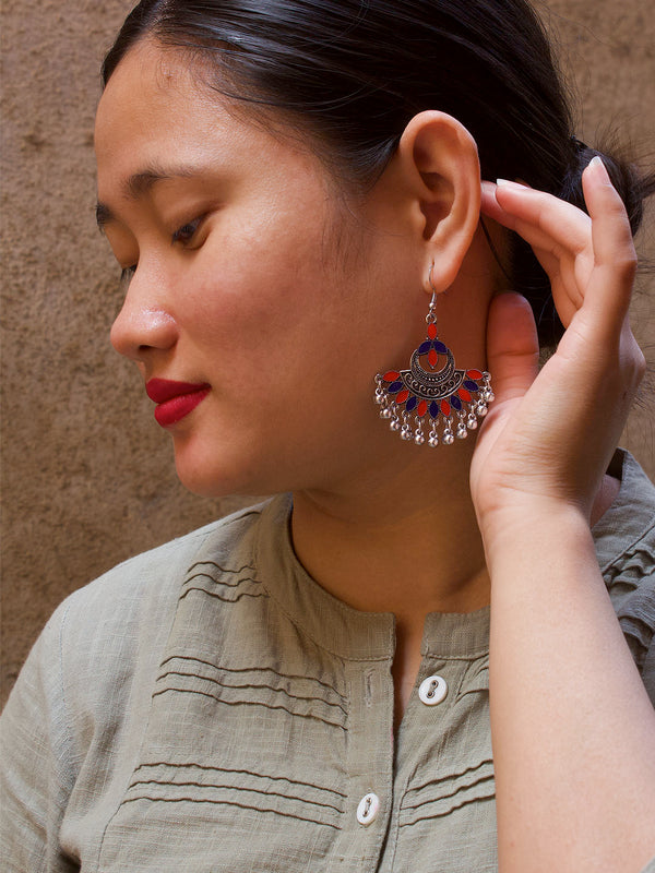 Floral Design Red and Blue Dangler Afghani Earring