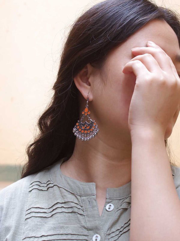 Floral Design Orange Dangler Afghani Earring