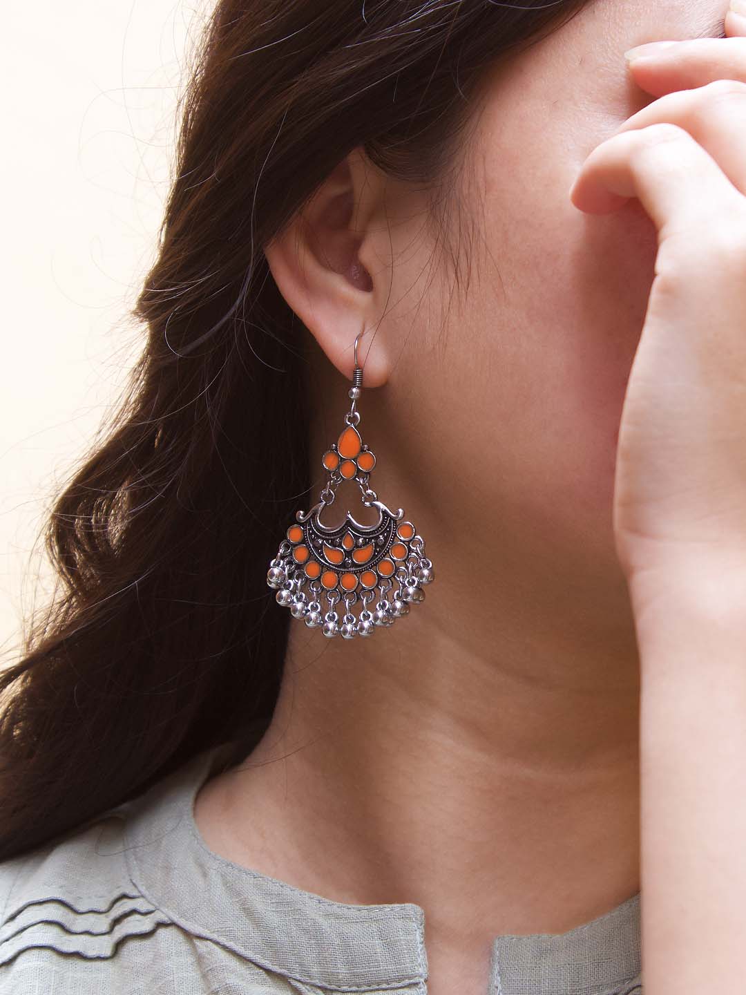 Floral Design Orange Dangler Afghani Earring