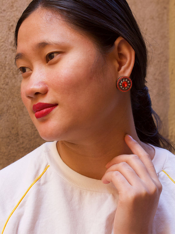 Gold Plated Circular Shape With Red And White Color Stones Stud Earring