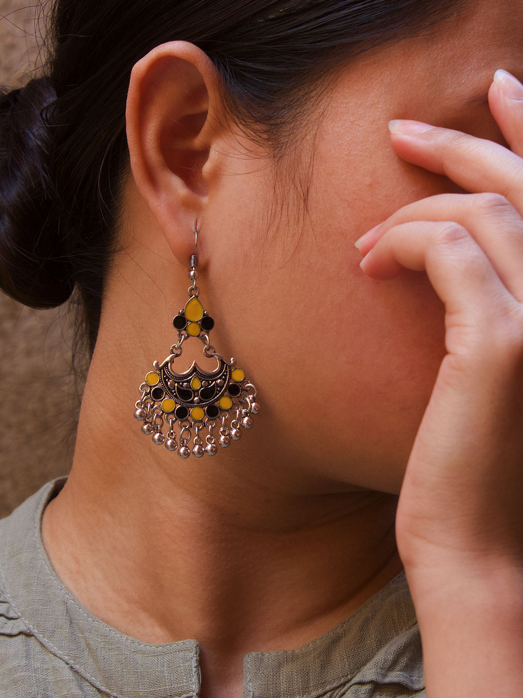 Floral Design Yellow and Black Dangler Afghani Earring
