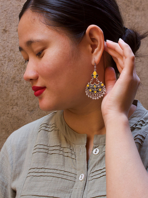 Floral Design Yellow and Black Dangler Afghani Earring