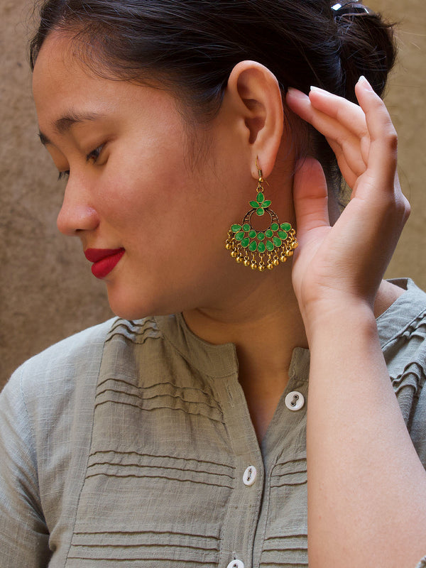 Floral Design Green Dangler Afghani Earring