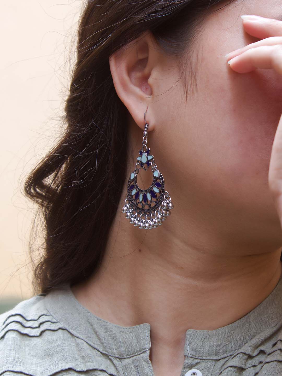 Floral Design Blue Dangler Afghani Earring