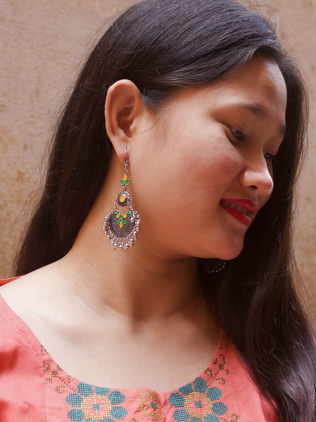 Floral Design Yellow and Green Dangler Afghani Earring