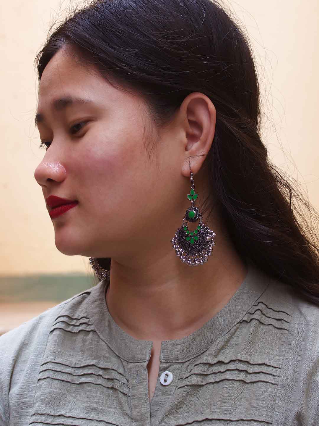 Floral Design Green Dangler Afghani Earring