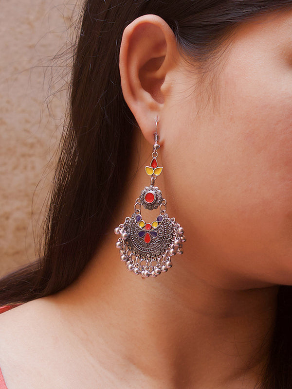 Floral Design Red and Yellow and Blue Dangler Afghani Earring