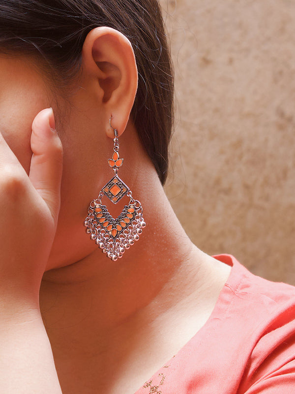 Silver Plated Floral Design Orange Enamel Paint Afghani Earring