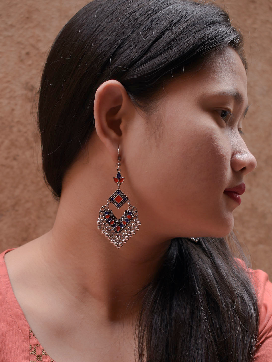 Floral Design Red and Blue Dangler Afghani Earring