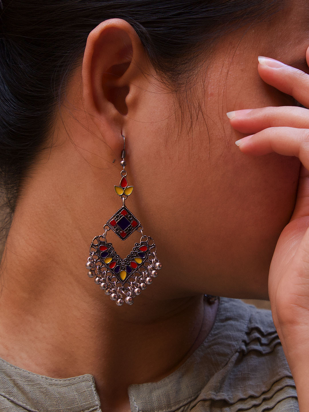Floral Design Red and Blue and Yellow Dangler Afghani Earring