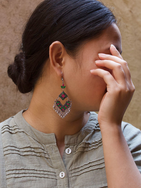 Silver Plated Rhombus Design Pink And Green Color Enamel Paint With Hanging Ghungroos Dangler Earring