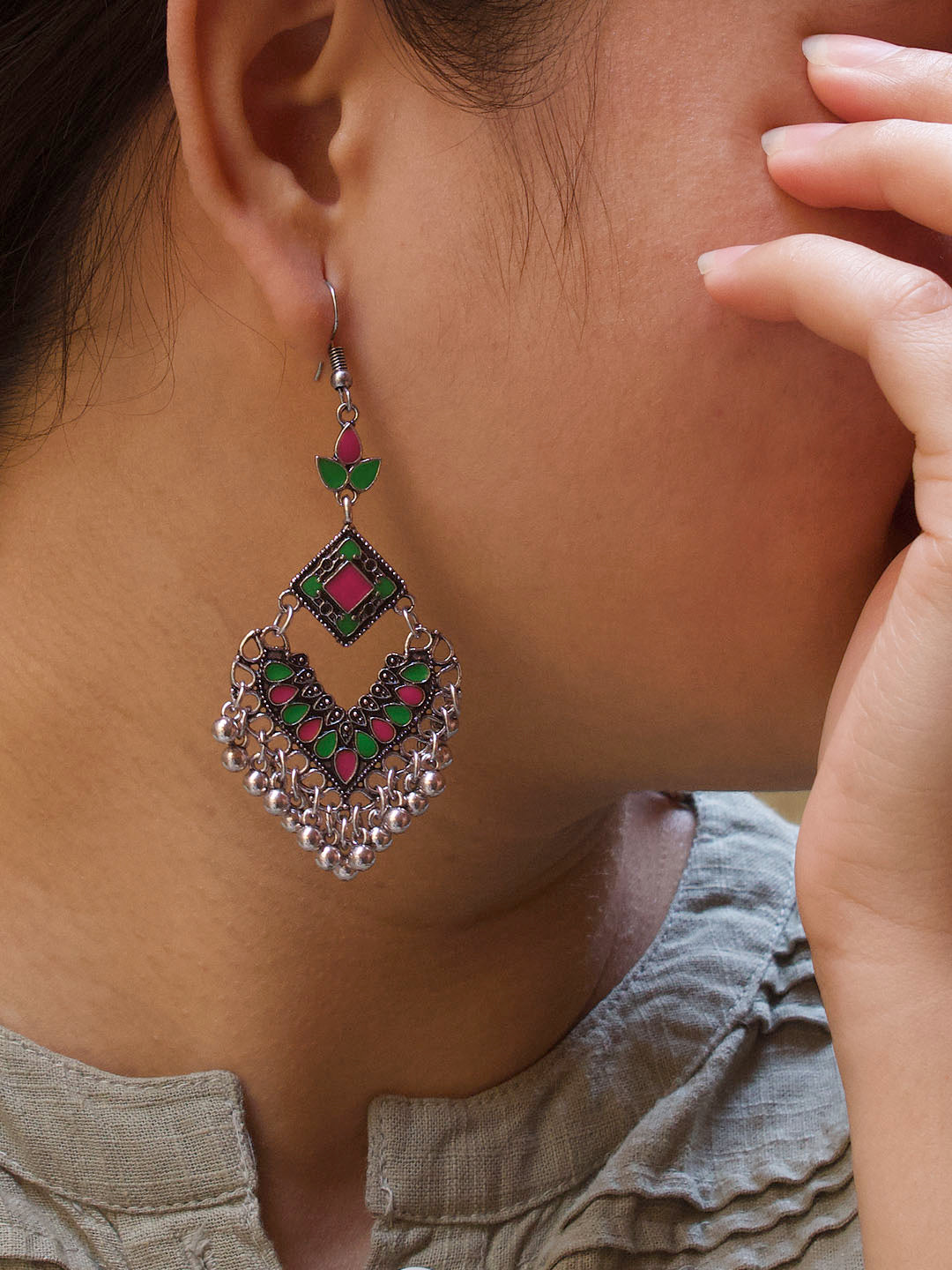 Silver Plated Rhombus Design Pink And Green Color Enamel Paint With Hanging Ghungroos Dangler Earring