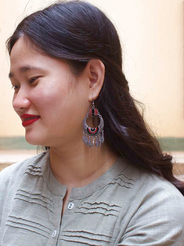 Red And Black Color Lotus Design With Leaf Droppings Dangler Earring