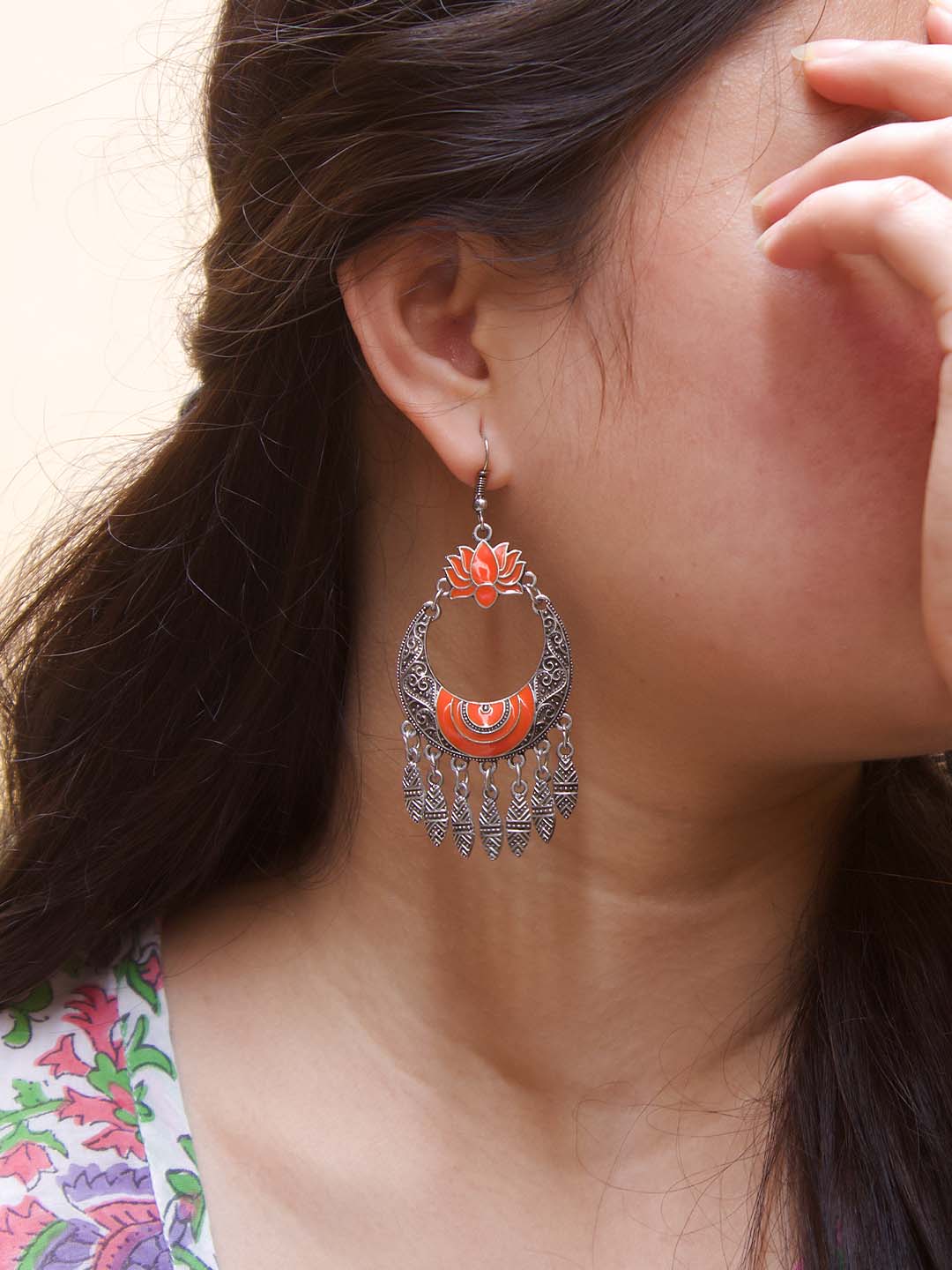 Lotus Design Orange Dangler Afghani Earring
