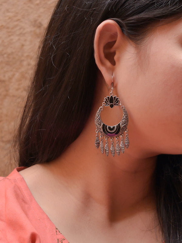 Silver Plated Lotus Design Black Enamel Paint Afghani Earring