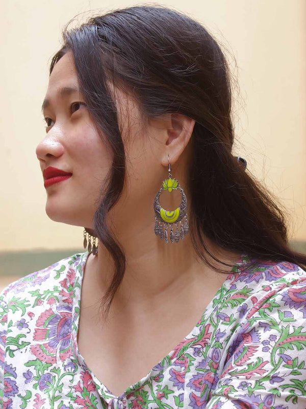 Lotus Design Lime Yellow Dangler Afghani Earring