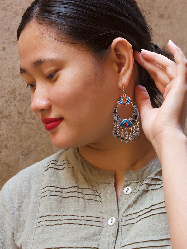 Floral Design Blue and Red Dangler Afghani Earring