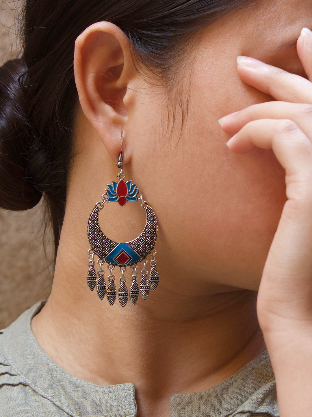 Floral Design Blue and Red Dangler Afghani Earring