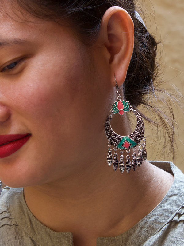 Floral Design Pink and Green Dangler Afghani Earring