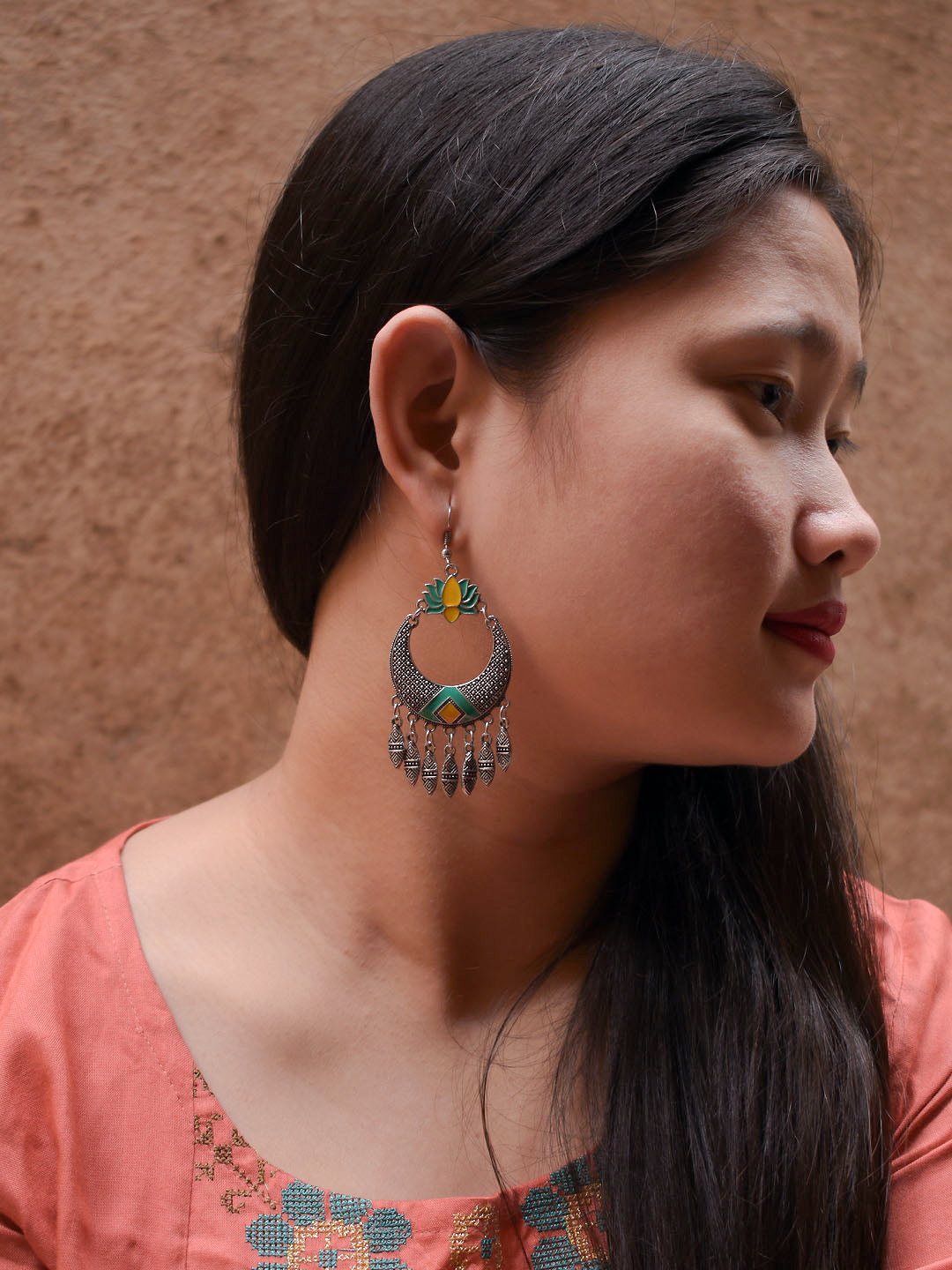 Lotus Design Yellow and Green Dangler Afghani Earring