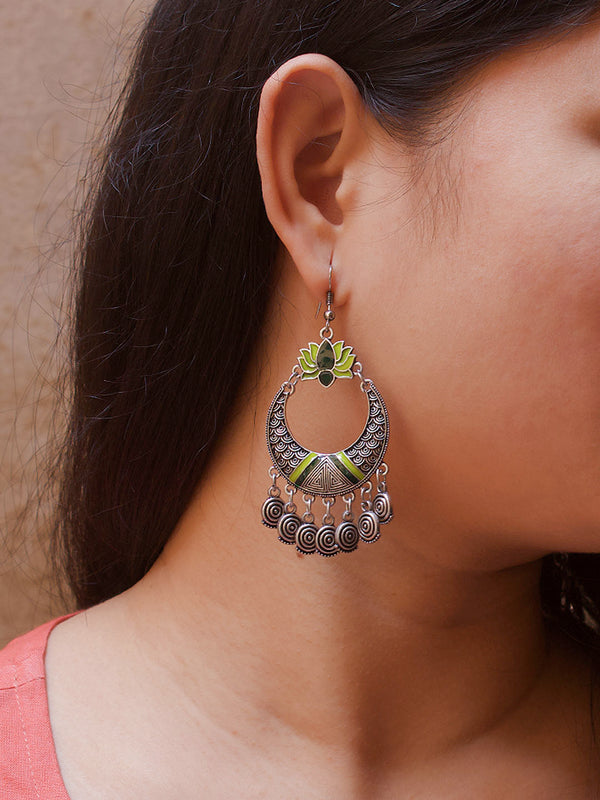 Silver Plated Lotus Design Green Enamel Paint Afghani Earring