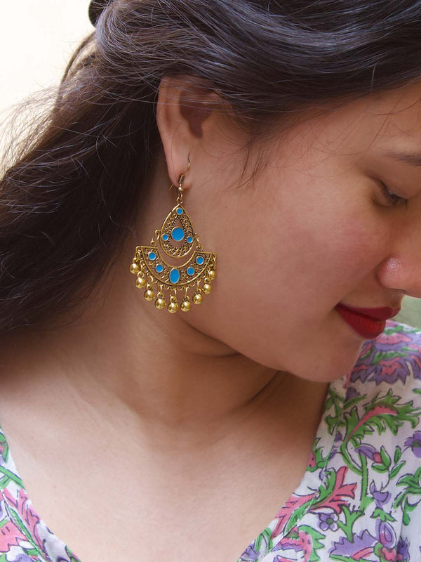 Tear Drop Design Blue Dangler Afghani Earring