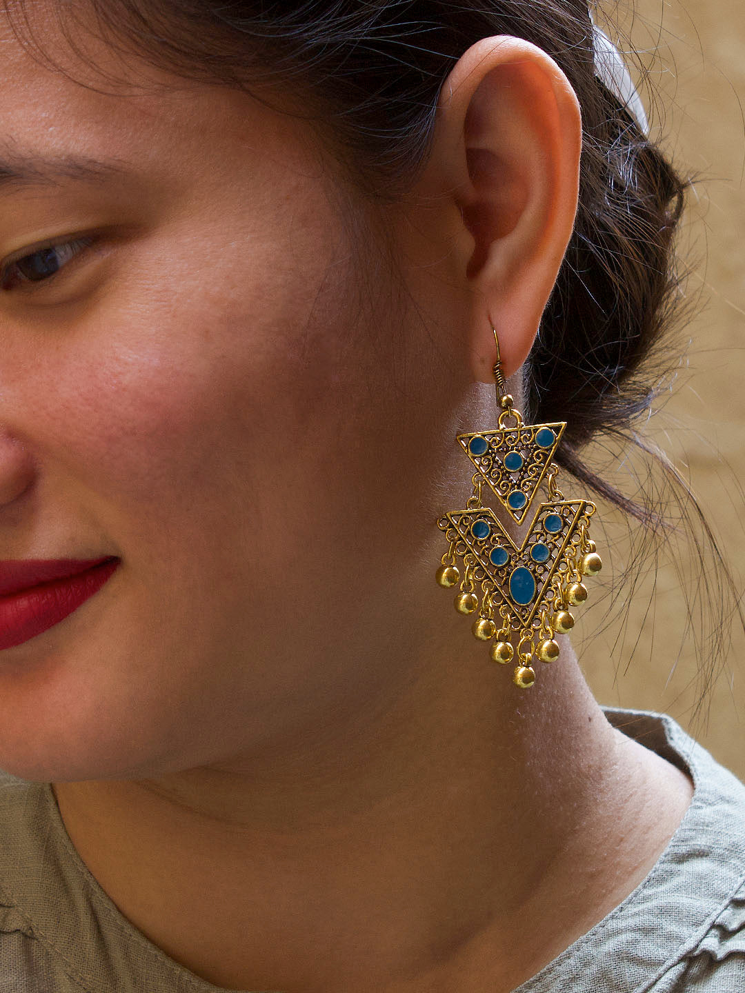 Gold Plated Triangle Design Blue Color Artificial Stone Hanging Dangle Earring