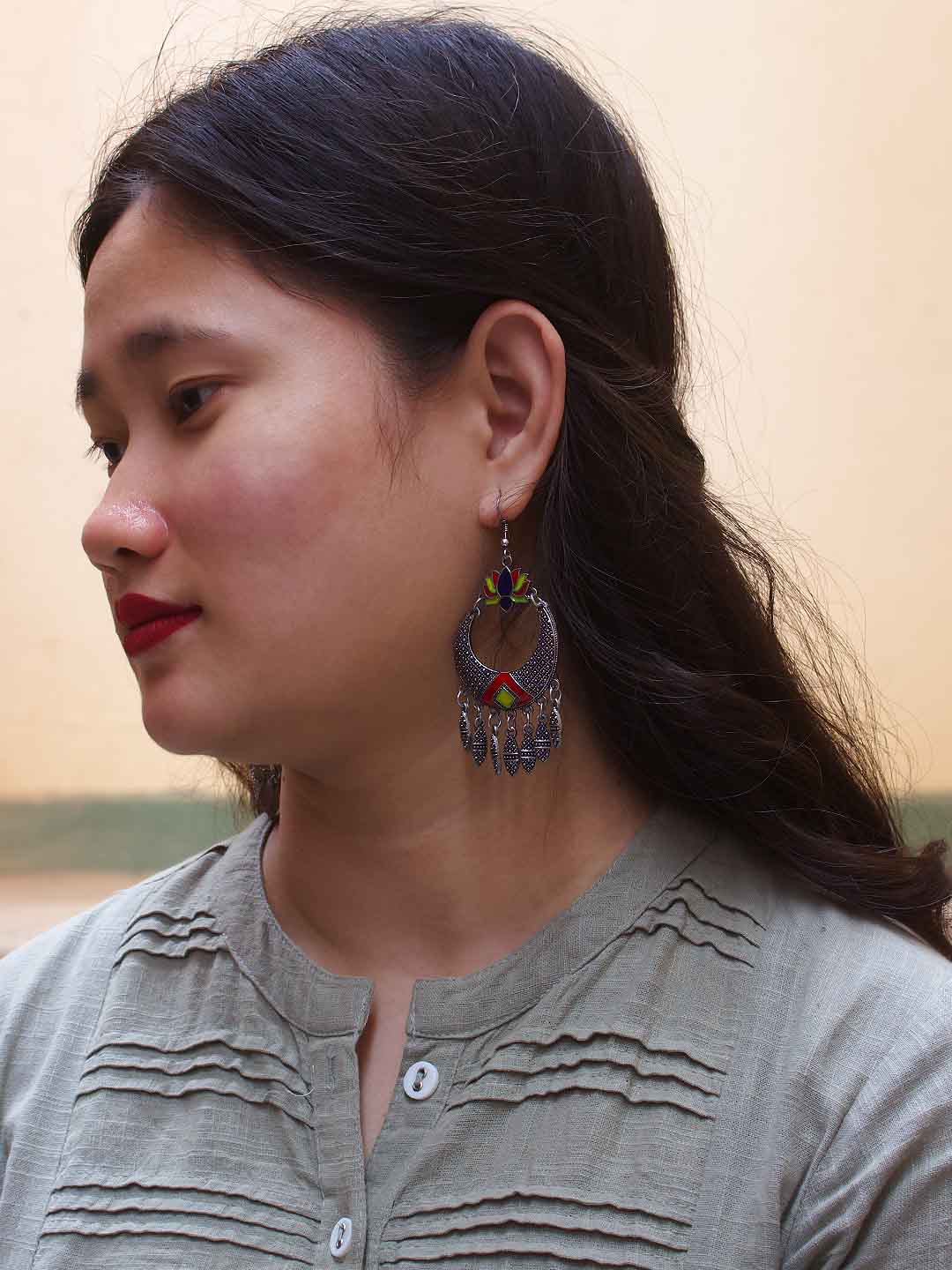 Lotus Design Blue and Lime Yellow and Red Dangler Afghani Earring