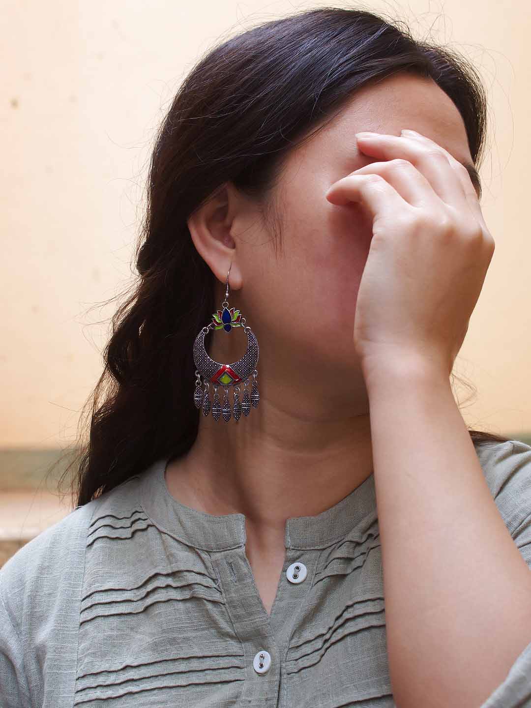 Lotus Design Blue and Lime Yellow and Red Dangler Afghani Earring