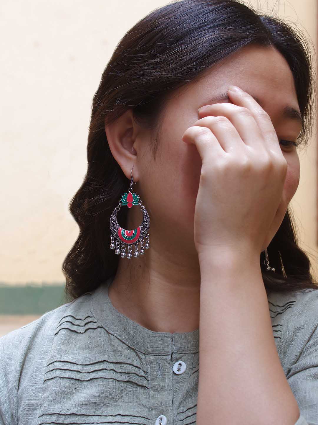 Lotus Design Pink and Green Dangler Afghani Earring