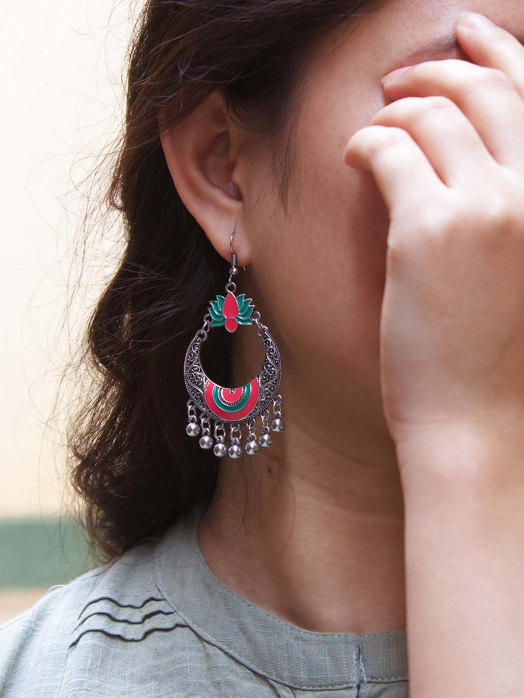 Lotus Design Pink and Green Dangler Afghani Earring