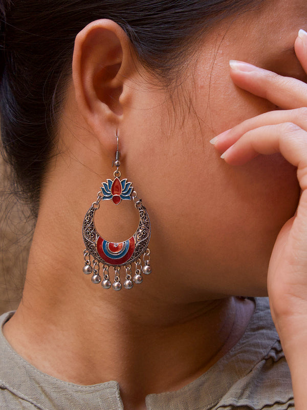 Lotus Design Blue and Red Dangler Afghani Earring