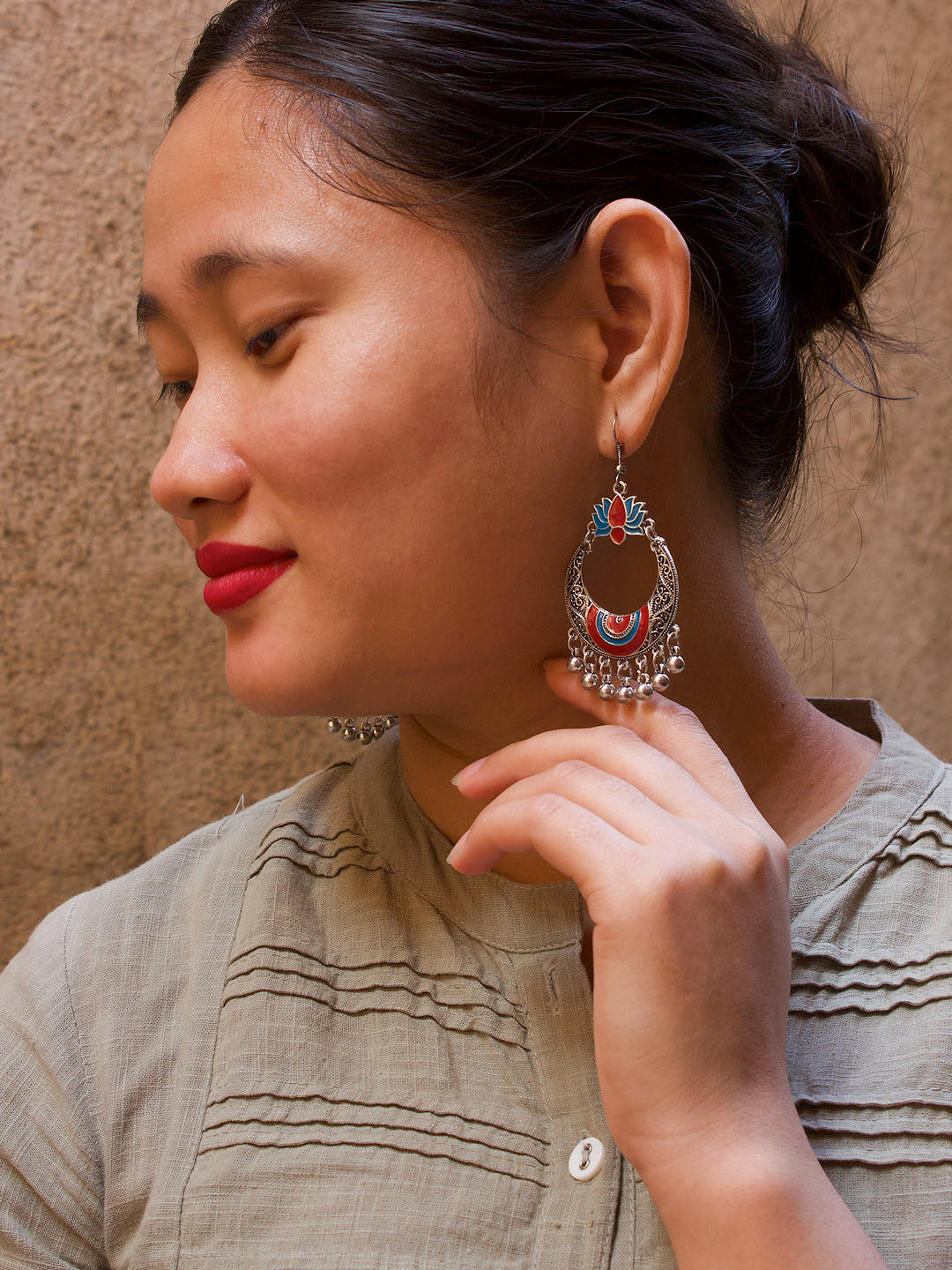 Lotus Design Blue and Red Dangler Afghani Earring