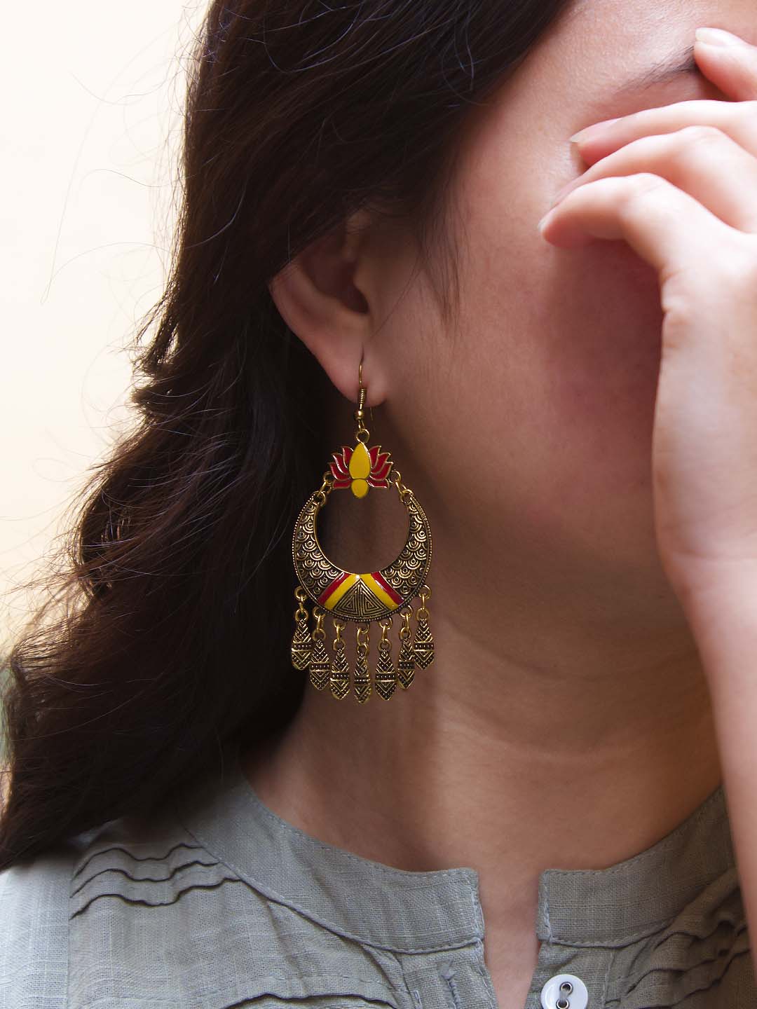 Lotus Design Yellow and Red Dangler Afghani Earring