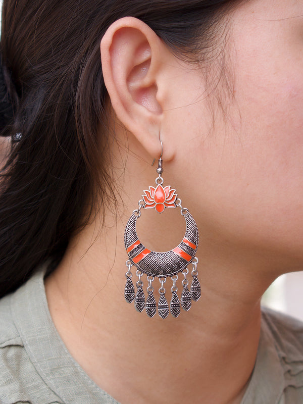 Silver Plated Lotus Design Orange Enamel Paint Afghani Earring