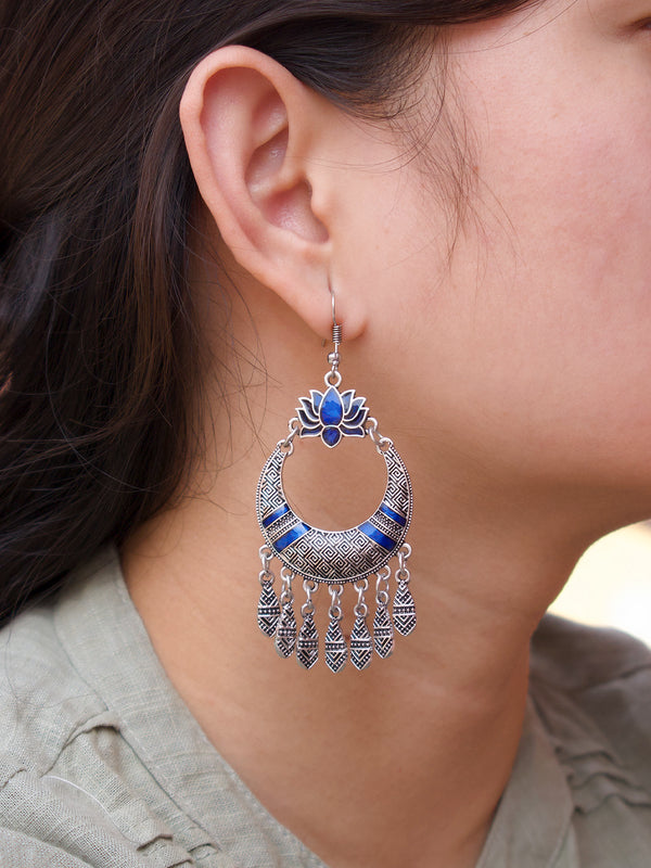 Silver Plated Lotus Design Blue Enamel Paint Afghani Earring